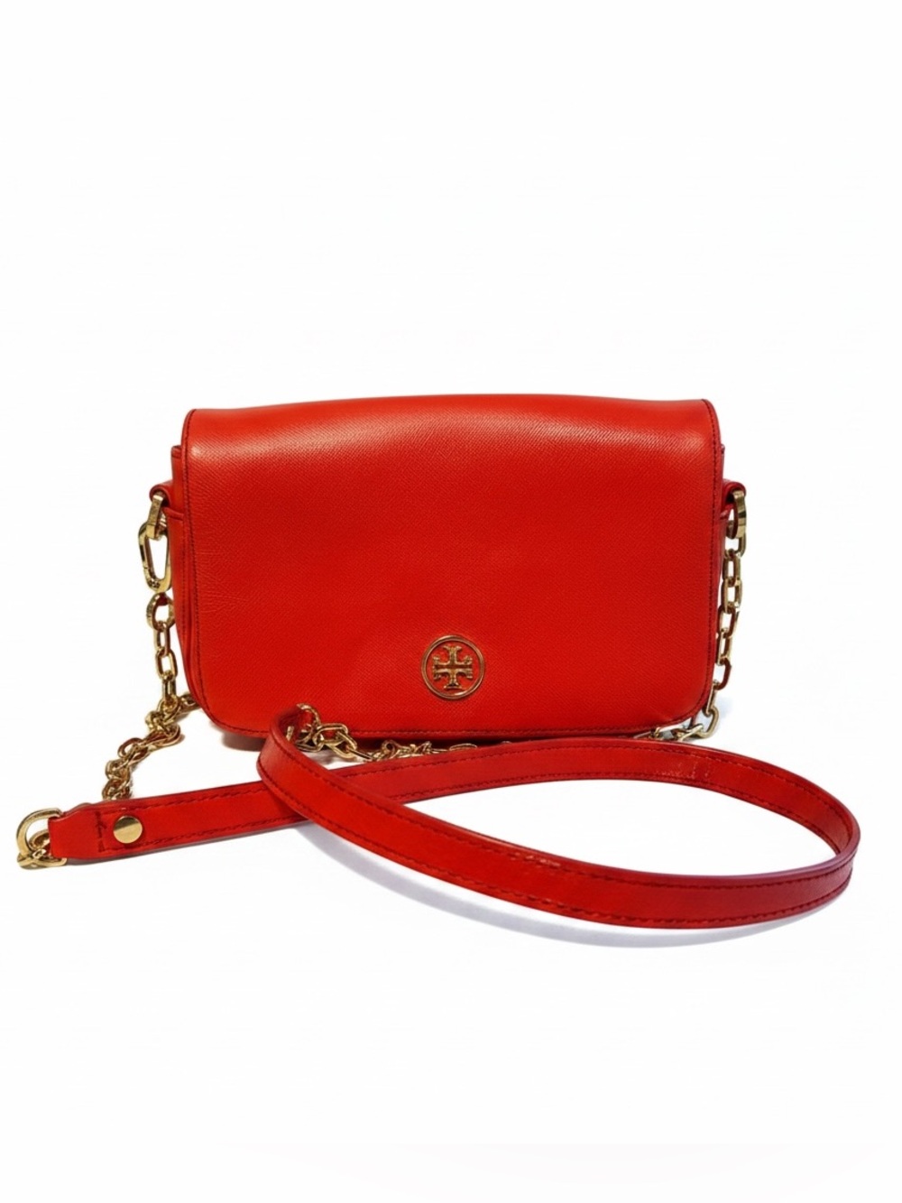 Tory Burch Orange-Red Leather Crossbody with Gold Chain